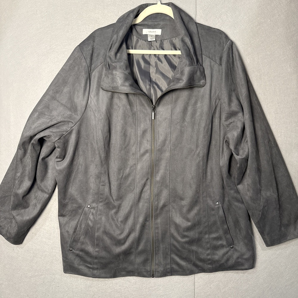 CJ Banks Faux Suede Size 3XL Gray Zipper Jacket Silver Stud Detail MSRP $70